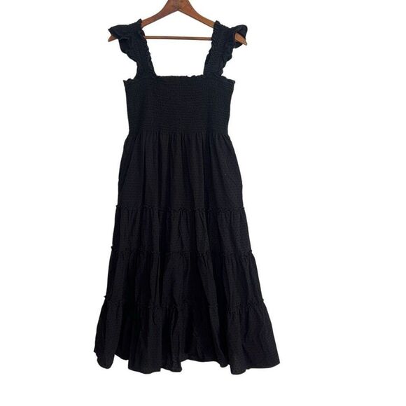 Kourt Smocked Tiered Ruffle Swiss Dot Sleeveless Calypso Midi Dress Black XL - Picture 8 of 8